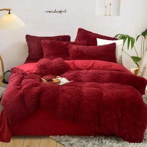 💗 Red Queen Faux Fur Comfy Plush Shaggy Duvet Cover Set Luxury Velvet w shams